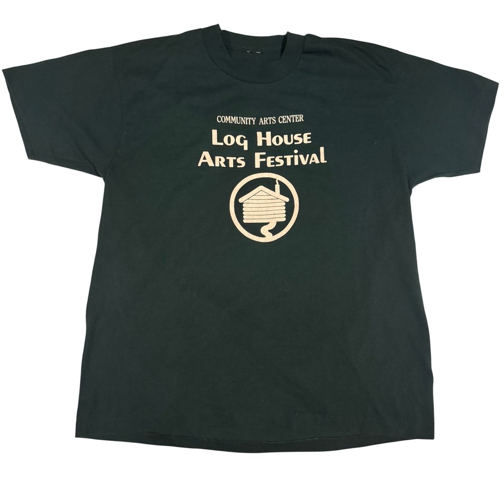 Vintage 80s Log House Arts Festival T-Shirt Forest‎ Green XL Graphic USA